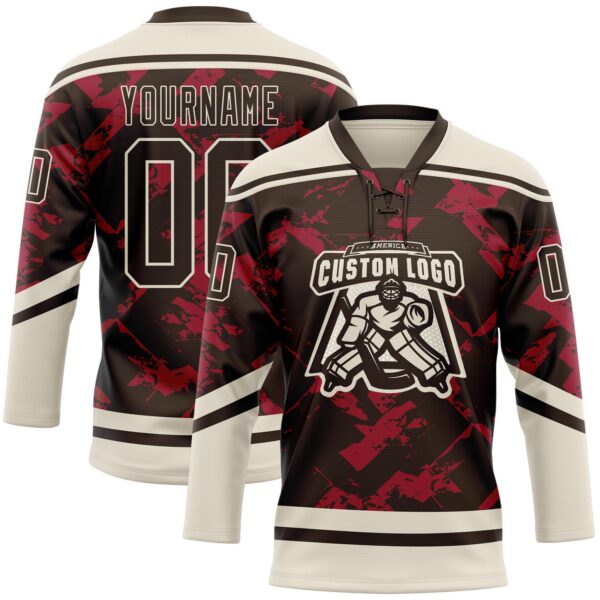 Custom Brown Red-Cream Tribal Indigenous Grunge Splash Hockey Lace Neck Jersey