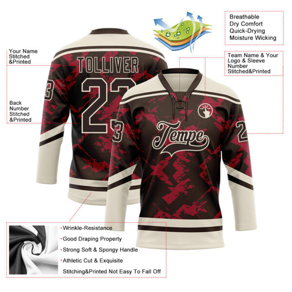 Custom Brown Red-Cream Tribal Indigenous Grunge Splash Hockey Lace Neck Jersey