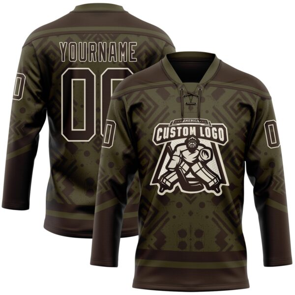 Custom Olive Brown-Cream Tribal Indigenous Grunge Geometric Splash Hockey Lace Neck Jersey