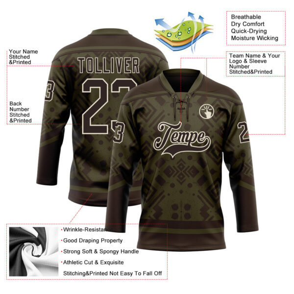 Custom Olive Brown-Cream Tribal Indigenous Grunge Geometric Splash Hockey Lace Neck Jersey