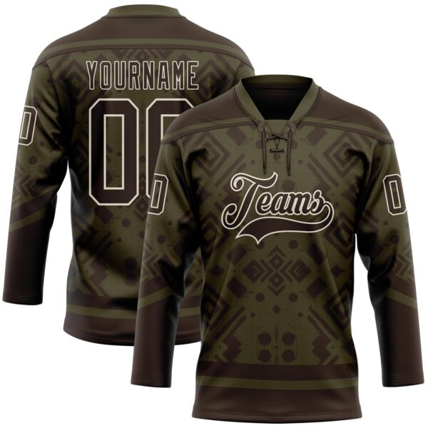 Custom Olive Brown-Cream Tribal Indigenous Grunge Geometric Splash Hockey Lace Neck Jersey