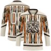 Custom Cream Brown Orange-Black Tribal Indigenous Grunge Splash Hockey Lace Neck Jersey
