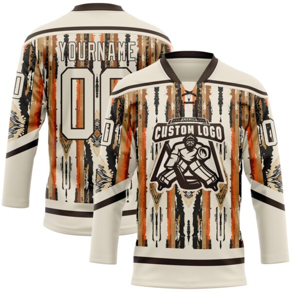 Custom Cream Brown Orange-Black Tribal Indigenous Grunge Splash Hockey Lace Neck Jersey