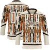 Custom Cream Brown Orange-Black Tribal Indigenous Grunge Splash Hockey Lace Neck Jersey