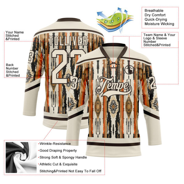 Custom Cream Brown Orange-Black Tribal Indigenous Grunge Splash Hockey Lace Neck Jersey