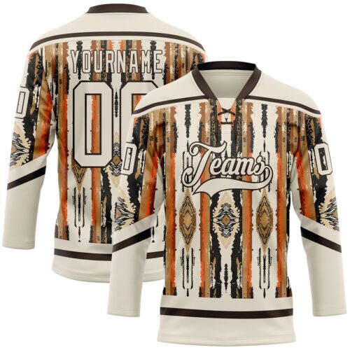 Custom Cream Brown Orange-Black Tribal Indigenous Grunge Splash Hockey Lace Neck Jersey