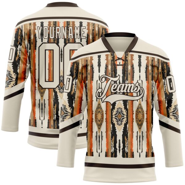 Custom Cream Brown Orange-Black Tribal Indigenous Grunge Splash Hockey Lace Neck Jersey