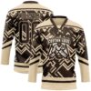 Custom Brown City Cream Tribal Indigenous Grunge Geometric Splash Hockey Lace Neck Jersey