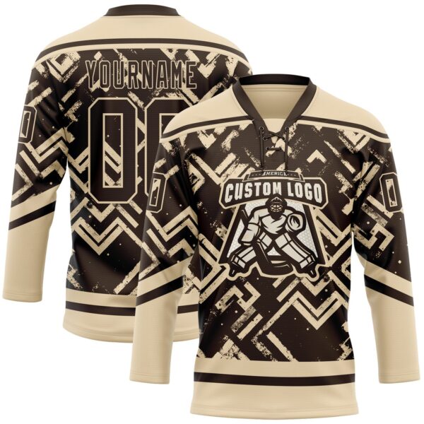 Custom Brown City Cream Tribal Indigenous Grunge Geometric Splash Hockey Lace Neck Jersey
