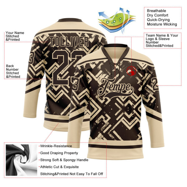 Custom Brown City Cream Tribal Indigenous Grunge Geometric Splash Hockey Lace Neck Jersey