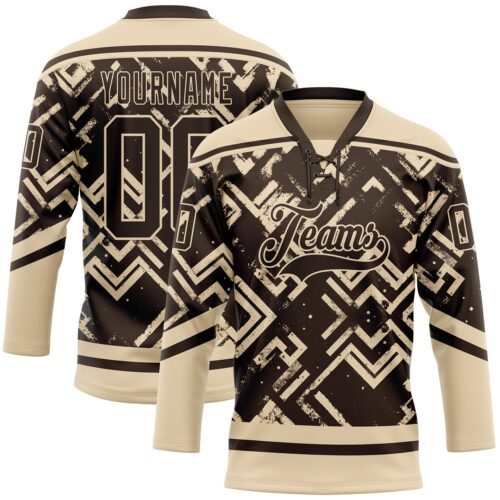 Custom Brown City Cream Tribal Indigenous Grunge Geometric Splash Hockey Lace Neck Jersey