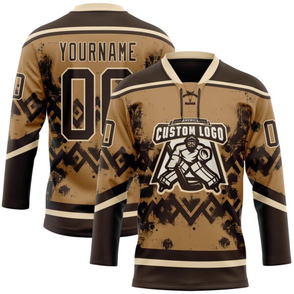 Custom Old Gold Brown-City Cream Tribal Indigenous Grunge Geometric Splash Hockey Lace Neck Jersey