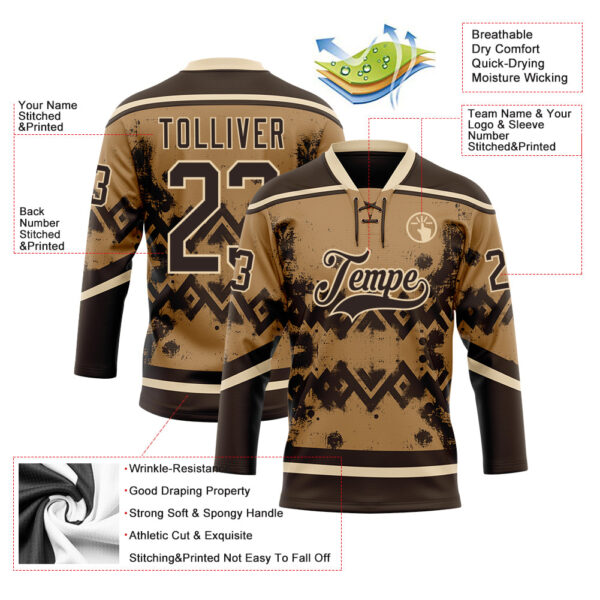 Custom Old Gold Brown-City Cream Tribal Indigenous Grunge Geometric Splash Hockey Lace Neck Jersey