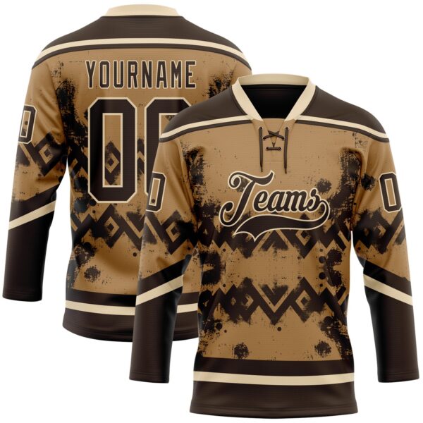 Custom Old Gold Brown-City Cream Tribal Indigenous Grunge Geometric Splash Hockey Lace Neck Jersey