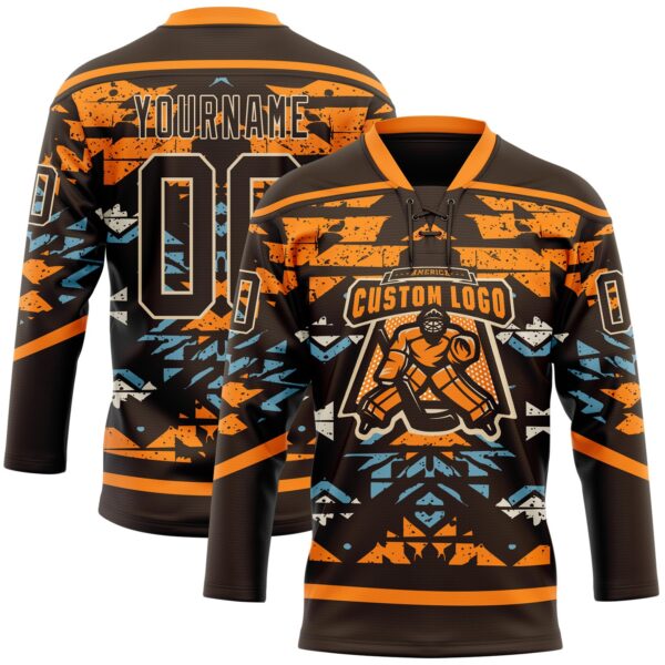 Custom Brown Bay Orange Blue-City Cream Tribal Indigenous Grunge Splash Hockey Lace Neck Jersey