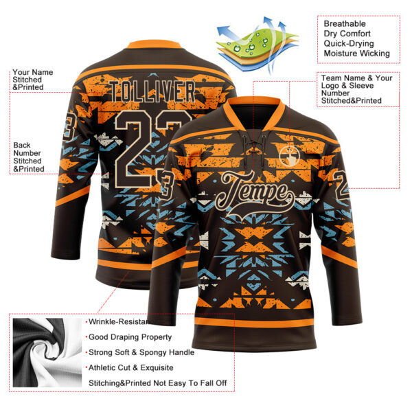 Custom Brown Bay Orange Blue-City Cream Tribal Indigenous Grunge Splash Hockey Lace Neck Jersey