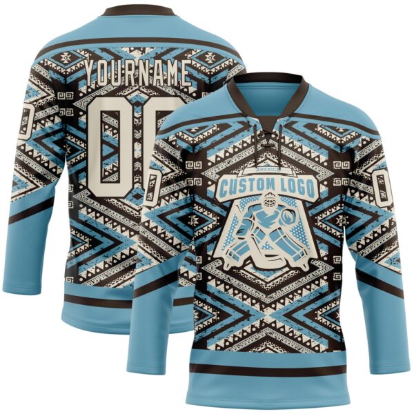 Custom Shadow Blue Cream-Brown Tribal Indigenous Grunge Geometric Splash Hockey Lace Neck Jersey