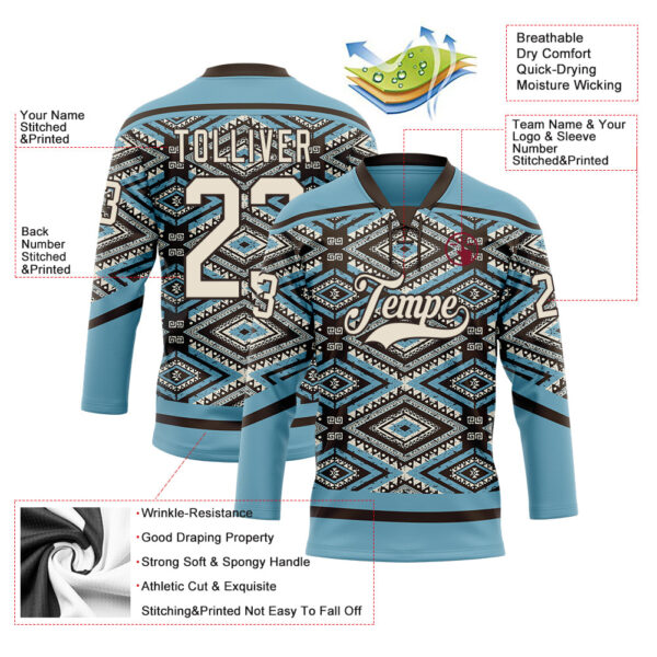 Custom Shadow Blue Cream-Brown Tribal Indigenous Grunge Geometric Splash Hockey Lace Neck Jersey