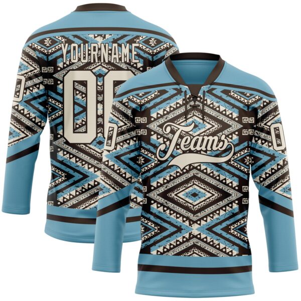 Custom Shadow Blue Cream-Brown Tribal Indigenous Grunge Geometric Splash Hockey Lace Neck Jersey