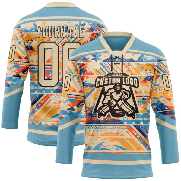 Custom Shadow Blue City Cream Brown-Orange Tribal Indigenous Grunge Splash Hockey Lace Neck Jersey