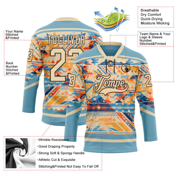 Custom Shadow Blue City Cream Brown-Orange Tribal Indigenous Grunge Splash Hockey Lace Neck Jersey