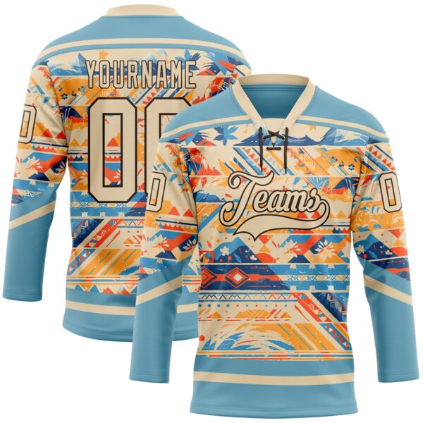 Custom Shadow Blue City Cream Brown-Orange Tribal Indigenous Grunge Splash Hockey Lace Neck Jersey