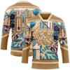 Custom Old Gold Blue-Cream Tribal Indigenous Grunge Geometric Splash Hockey Lace Neck Jersey