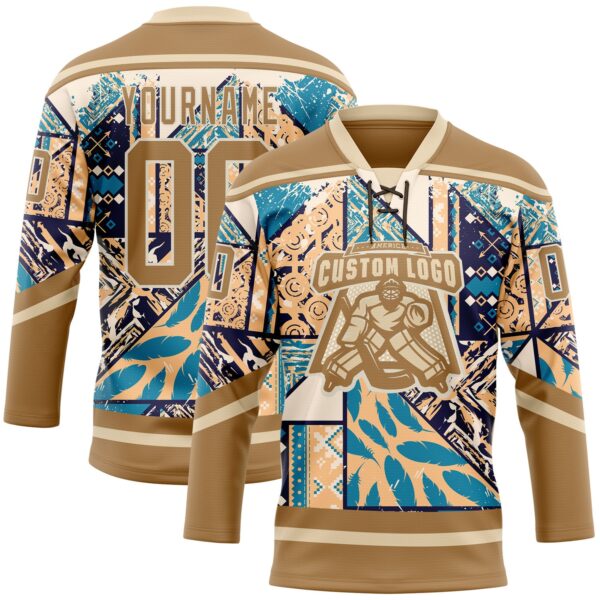 Custom Old Gold Blue-Cream Tribal Indigenous Grunge Geometric Splash Hockey Lace Neck Jersey