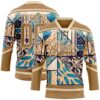 Custom Old Gold Blue-Cream Tribal Indigenous Grunge Geometric Splash Hockey Lace Neck Jersey
