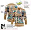 Custom Old Gold Blue-Cream Tribal Indigenous Grunge Geometric Splash Hockey Lace Neck Jersey