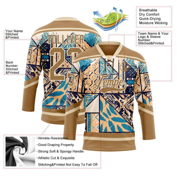 Custom Old Gold Blue-Cream Tribal Indigenous Grunge Geometric Splash Hockey Lace Neck Jersey