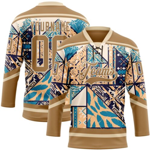 3DPattern11880 Custom Old Gold Blue-Cream Tribal Indigenous Grunge Geometric Splash Hockey Lace Neck Jersey