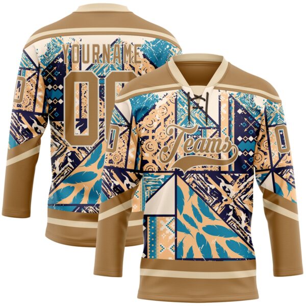 Custom Old Gold Blue-Cream Tribal Indigenous Grunge Geometric Splash Hockey Lace Neck Jersey
