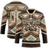 Custom Brown City Cream Orange-Blue Tribal Indigenous Grunge Geometric Splash Hockey Lace Neck Jersey