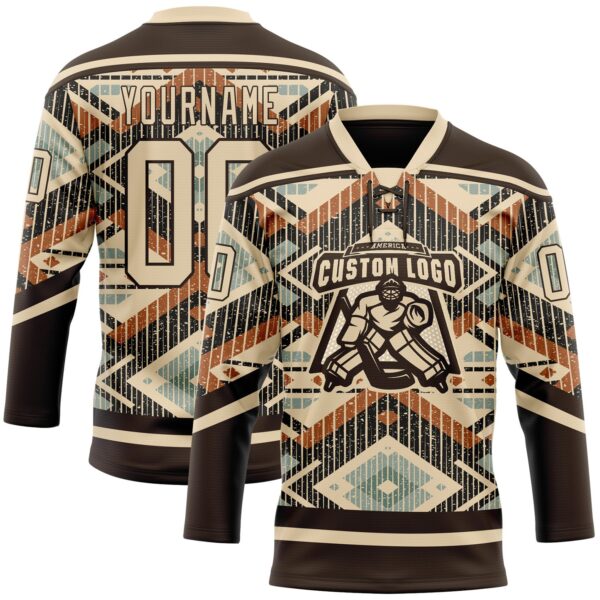 Custom Brown City Cream Orange-Blue Tribal Indigenous Grunge Geometric Splash Hockey Lace Neck Jersey
