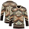 Custom Brown City Cream Orange-Blue Tribal Indigenous Grunge Geometric Splash Hockey Lace Neck Jersey