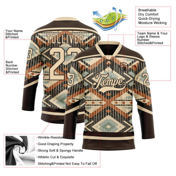Custom Brown City Cream Orange-Blue Tribal Indigenous Grunge Geometric Splash Hockey Lace Neck Jersey