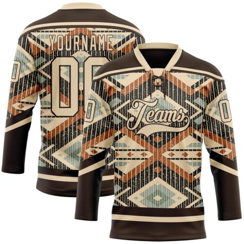 Custom Brown City Cream Orange-Blue Tribal Indigenous Grunge Geometric Splash Hockey Lace Neck Jersey