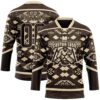 Custom Brown City Cream Tribal Indigenous Grunge Geometric Splash Hockey Lace Neck Jersey