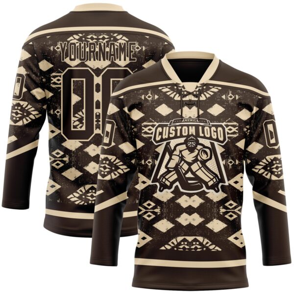 Custom Brown City Cream Tribal Indigenous Grunge Geometric Splash Hockey Lace Neck Jersey