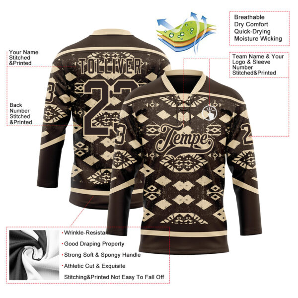 Custom Brown City Cream Tribal Indigenous Grunge Geometric Splash Hockey Lace Neck Jersey