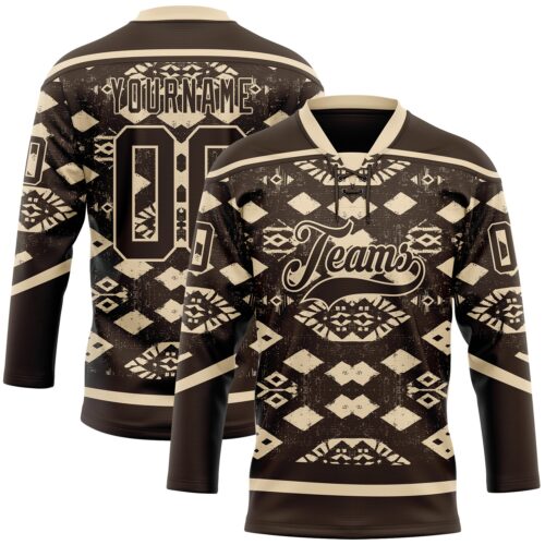3DPattern11882 Custom Brown City Cream Tribal Indigenous Grunge Geometric Splash Hockey Lace Neck Jersey