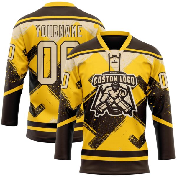 Custom Yellow City Cream-Brown Tribal Indigenous Grunge Geometric Splash Hockey Lace Neck Jersey