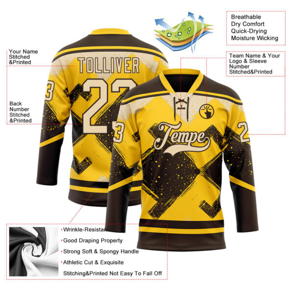 Custom Yellow City Cream-Brown Tribal Indigenous Grunge Geometric Splash Hockey Lace Neck Jersey