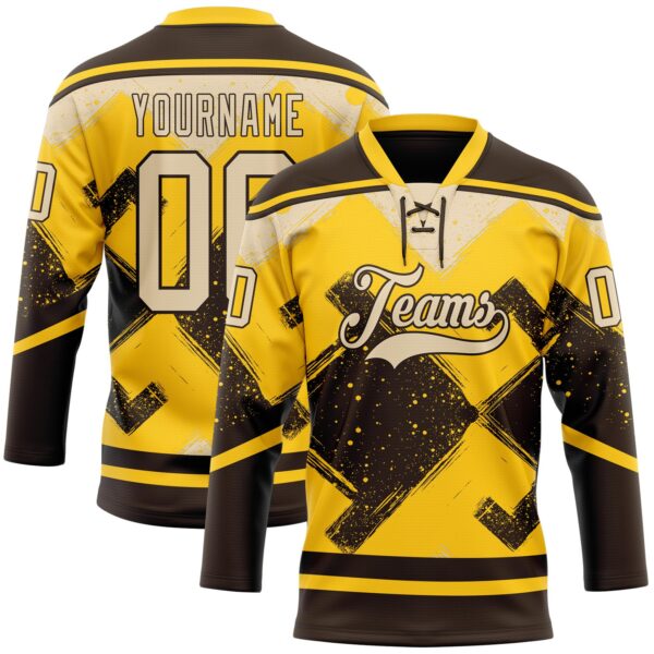 Custom Yellow City Cream-Brown Tribal Indigenous Grunge Geometric Splash Hockey Lace Neck Jersey
