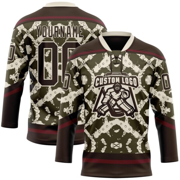Custom Olive Brown Cream-Burgundy Tribal Indigenous Grunge Splash Hockey Lace Neck Jersey