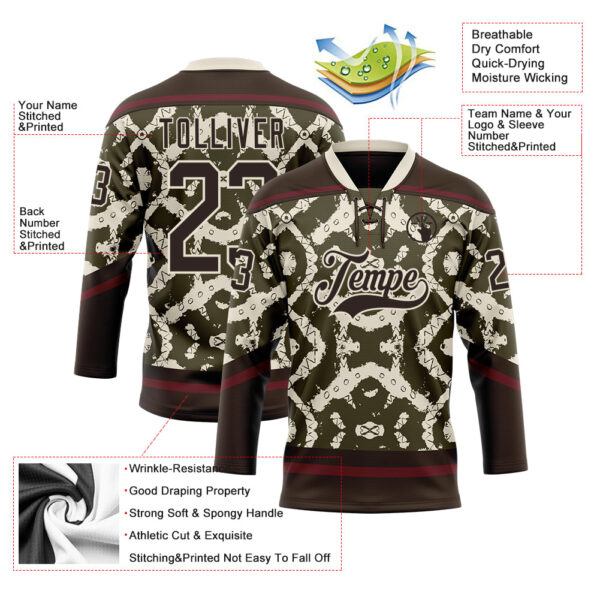 Custom Olive Brown Cream-Burgundy Tribal Indigenous Grunge Splash Hockey Lace Neck Jersey