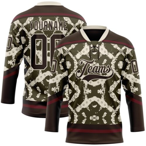 3DPattern11884 Custom Olive Brown Cream-Burgundy Tribal Indigenous Grunge Splash Hockey Lace Neck Jersey