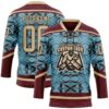 Custom Blue Vegas Gold Burgundy-Brown Tribal Indigenous Grunge Splash Hockey Lace Neck Jersey