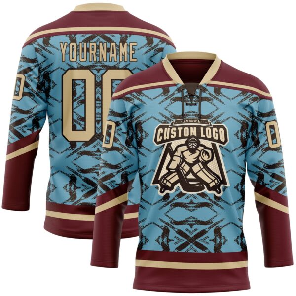 Custom Blue Vegas Gold Burgundy-Brown Tribal Indigenous Grunge Splash Hockey Lace Neck Jersey